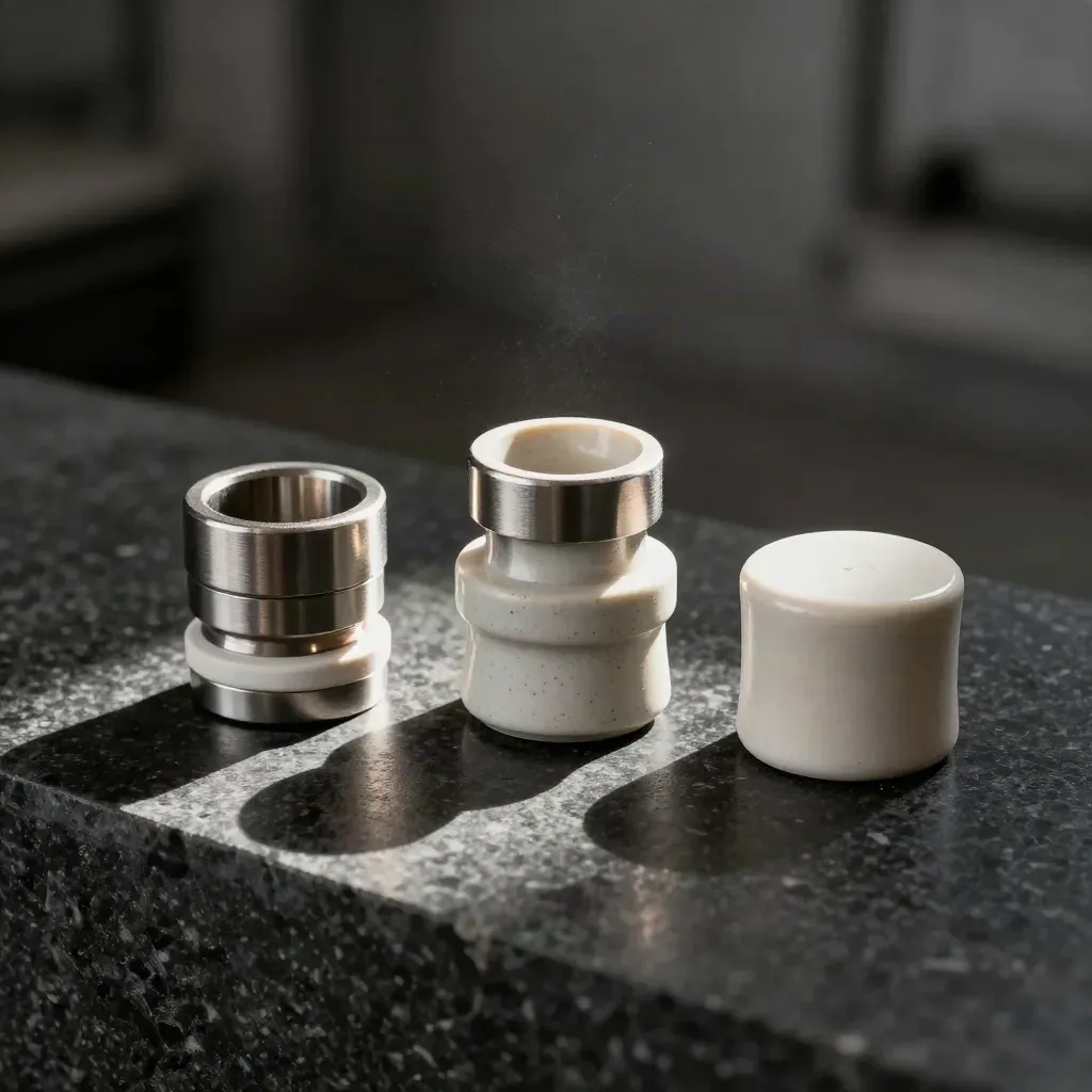 Three precision couplers, ceramic spacers and sealed caps on honed basalt, lit by warm side light.