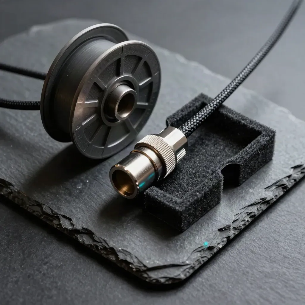 Cable reel, connector, and foam-lined kit on slate under raking light.