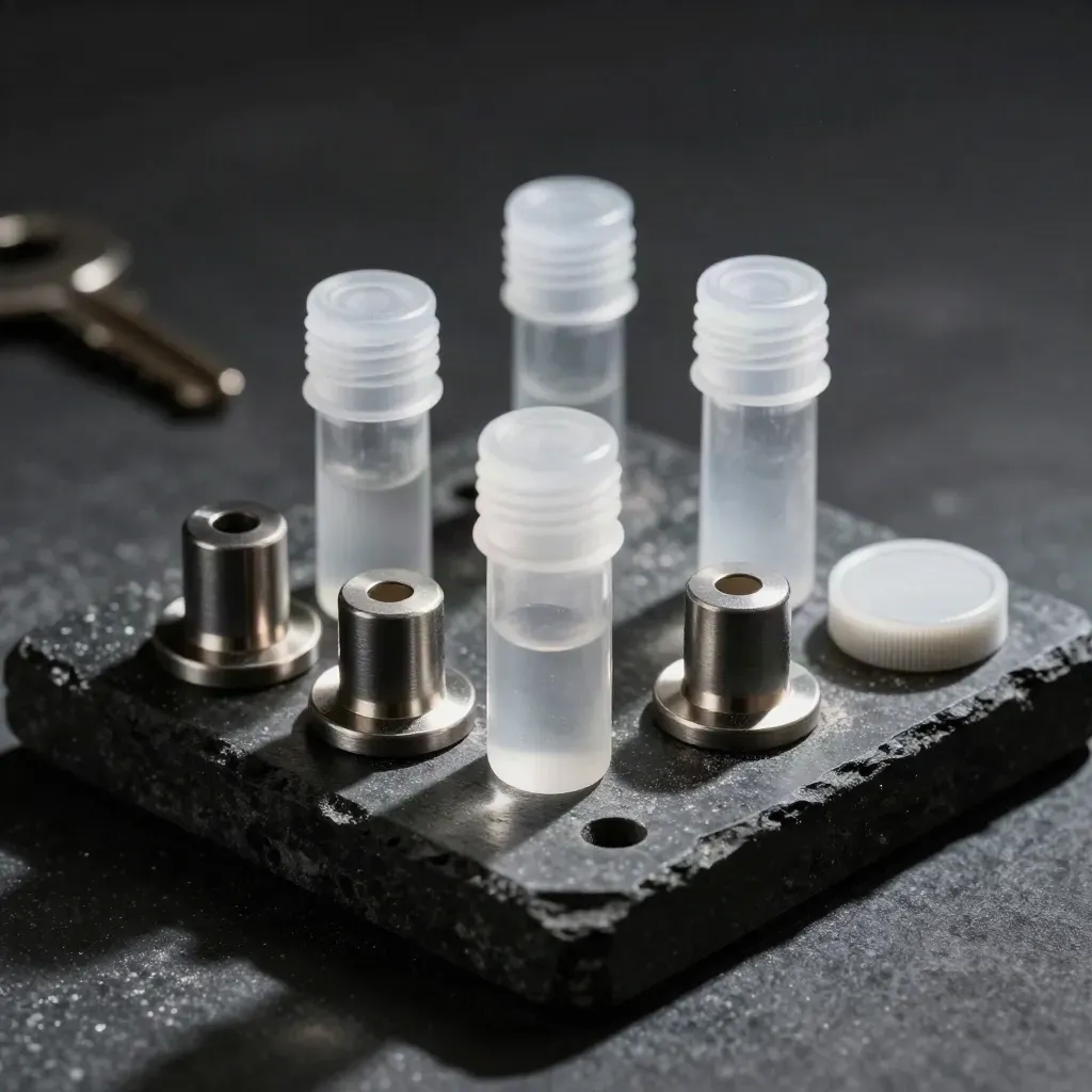 Quartz vials and filter mounts on black stone under a hard side beam.