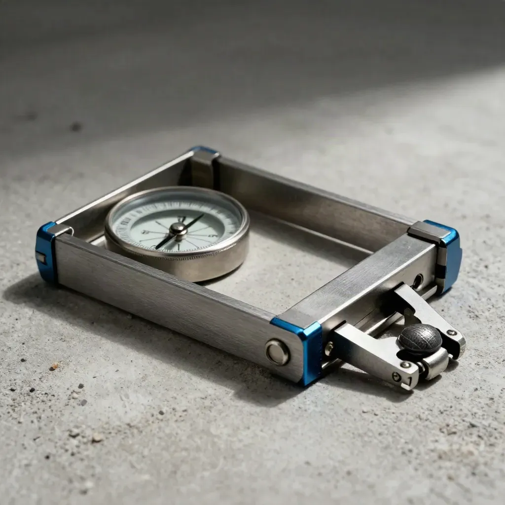 Macro of a geodesy kit on pale concrete with brushed metal hardware and a compass.