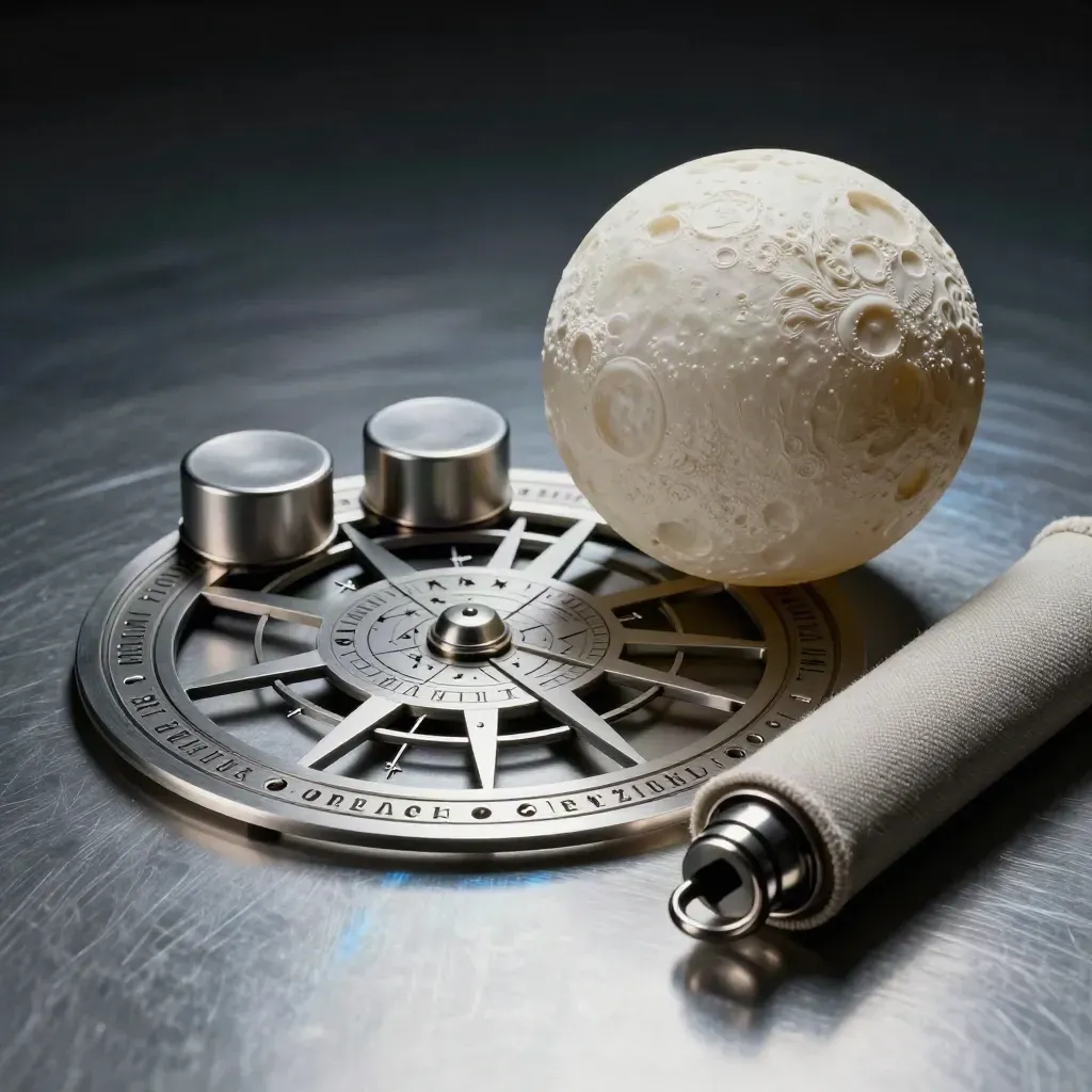 Planetarium outreach kit with star wheel, moon sphere, dust caps and tube case on brushed aluminium.