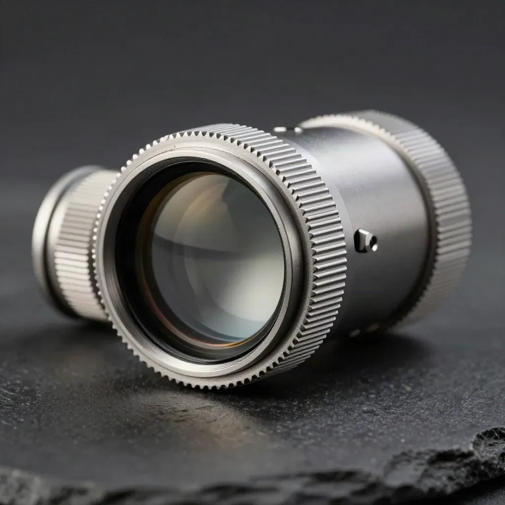 Macro of a silver telescope eyepiece with dust caps and cloth on charcoal stone