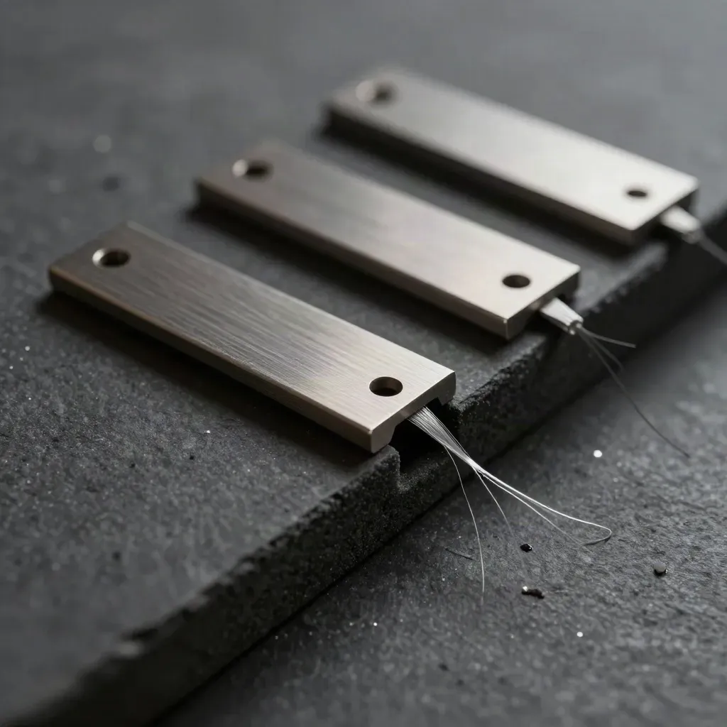 Titanium satellite brackets and fibre ends on graphite stone under raking light