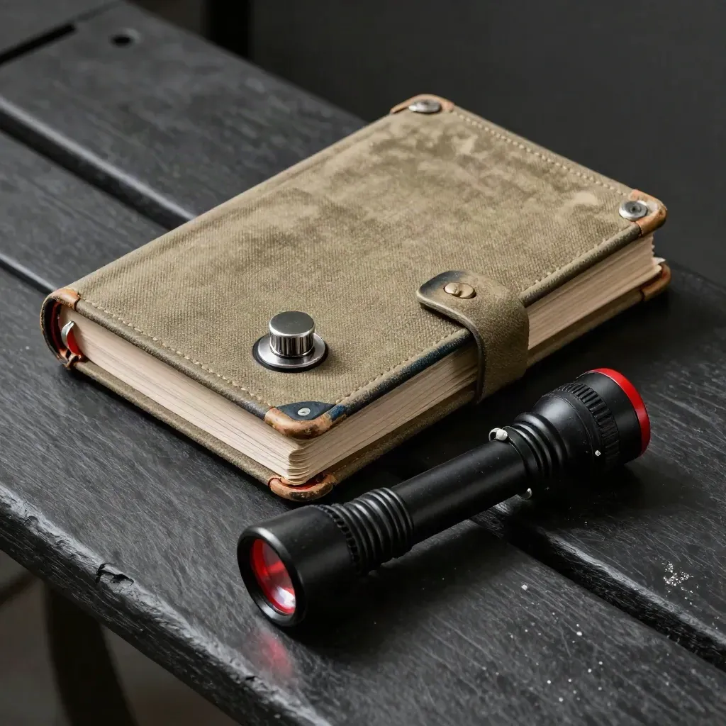 Closed logbook, timing switch, and red torch on a dark observatory bench