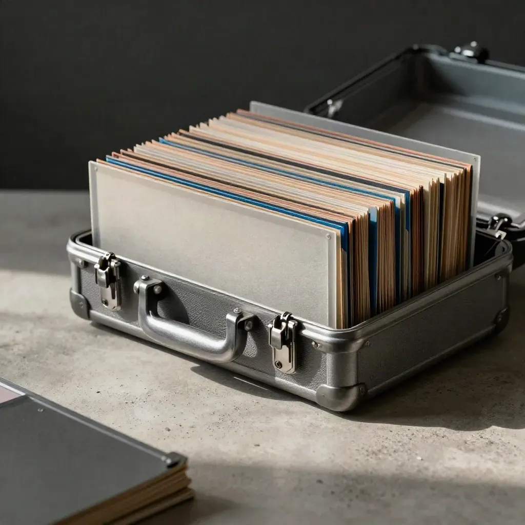 Archival sleeves spilling from a graphite export case on pale concrete with soft dust and blue accent.