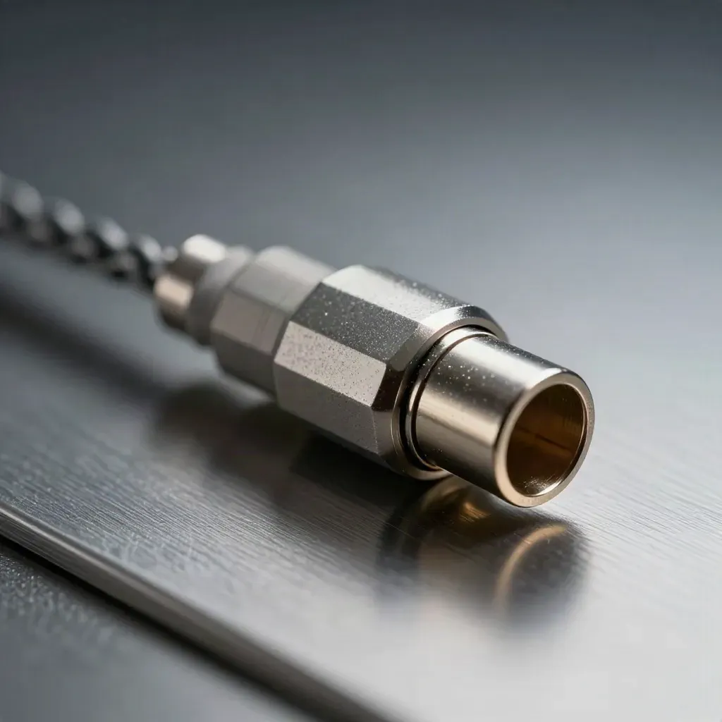 Macro of interlocking data connectors and braided fibre lead on brushed metal, lit in cool raking light.