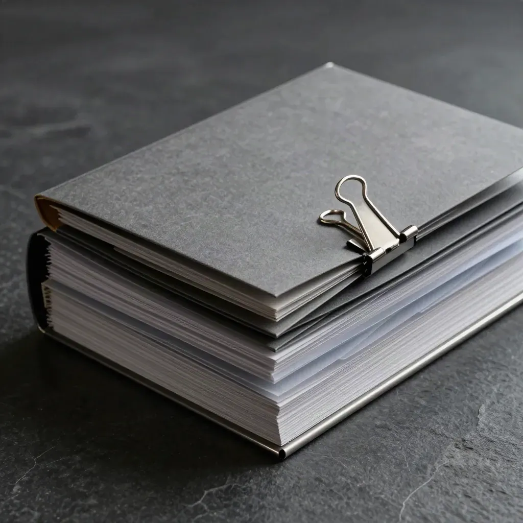Bound report folders with binder clips on dark stone, lit dramatically for research reports.