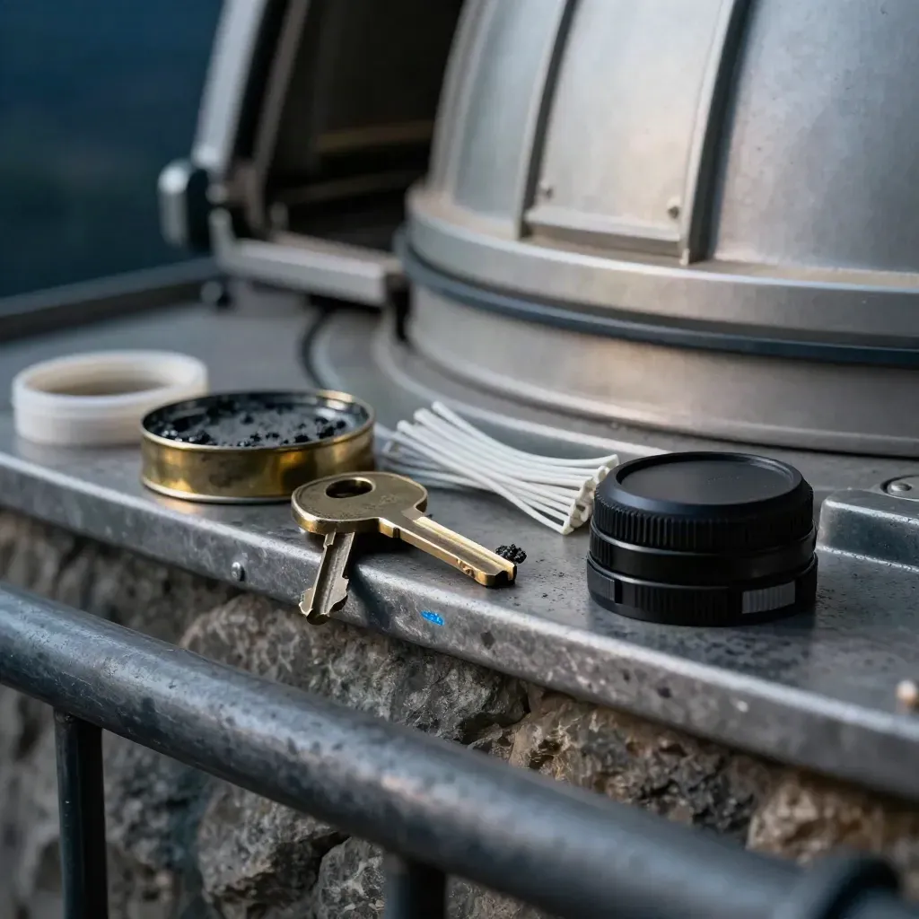Macro still life of observatory tools on a misty threshold behind a dark rail.