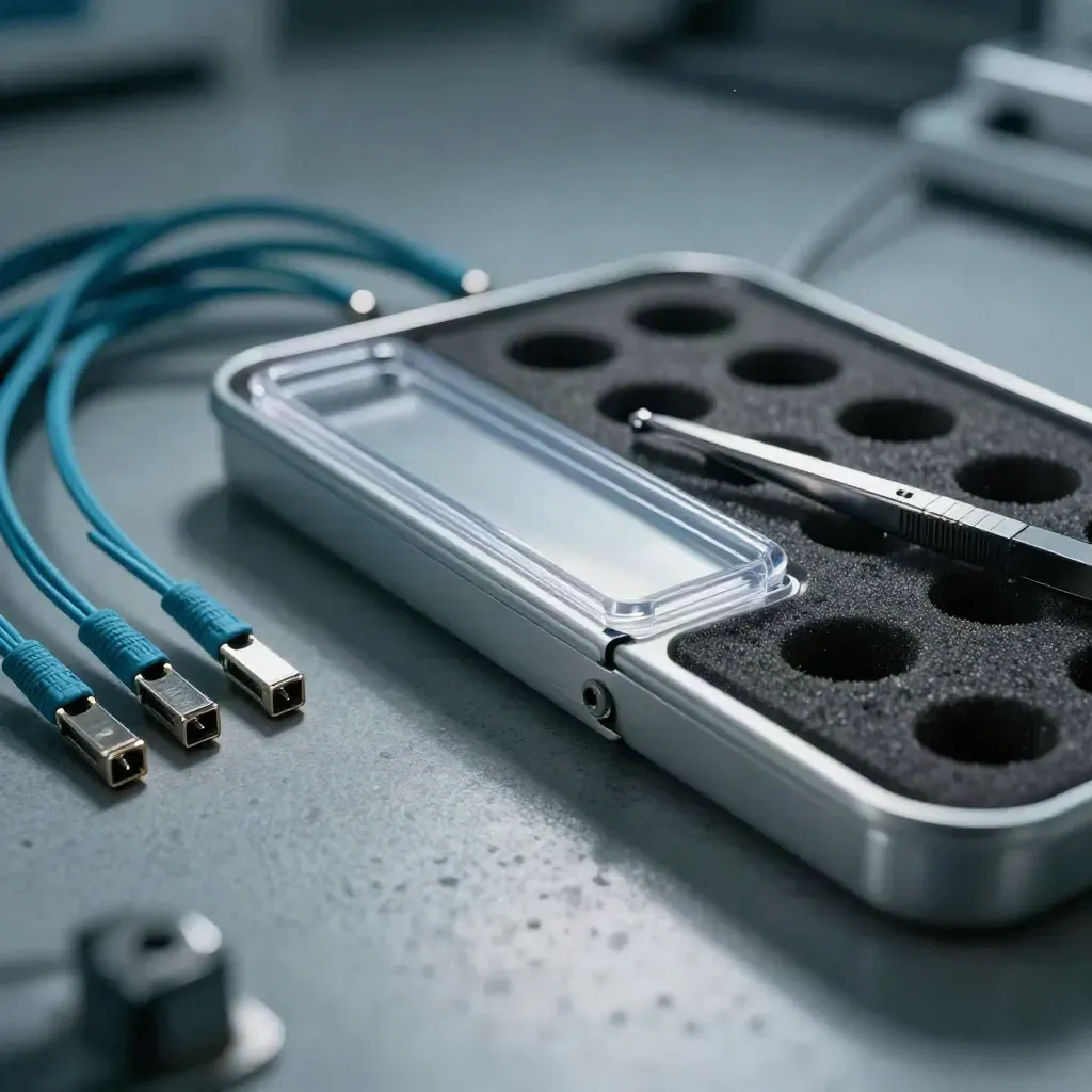 Macro of fibre patch leads, sealed sample tray and tweezers on a lab bench.