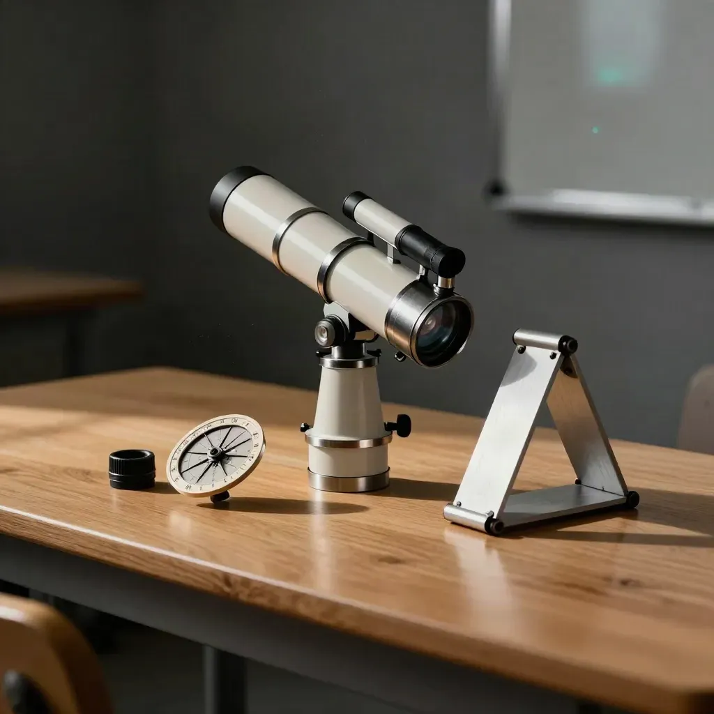 Classroom telescope kit with refractor tube, star wheel and demo stand on a chalk-dusted bench.