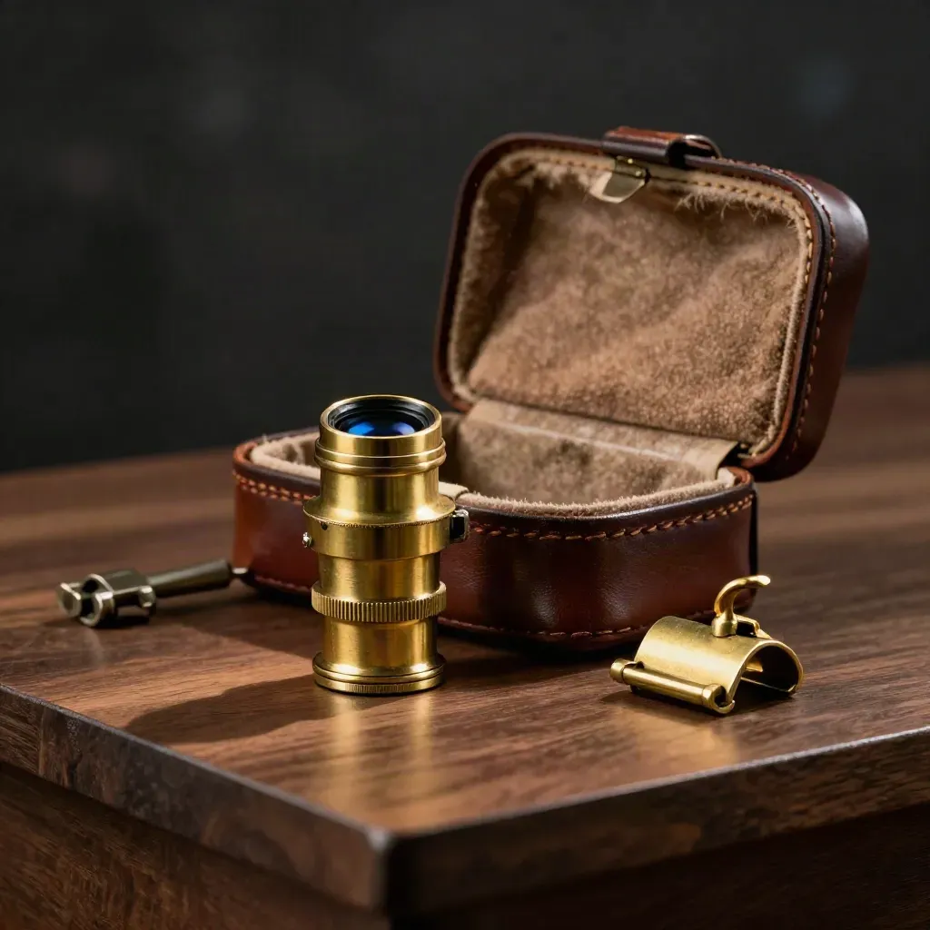 Brass eyepiece with open leather case and clasp in dramatic low-light still life
