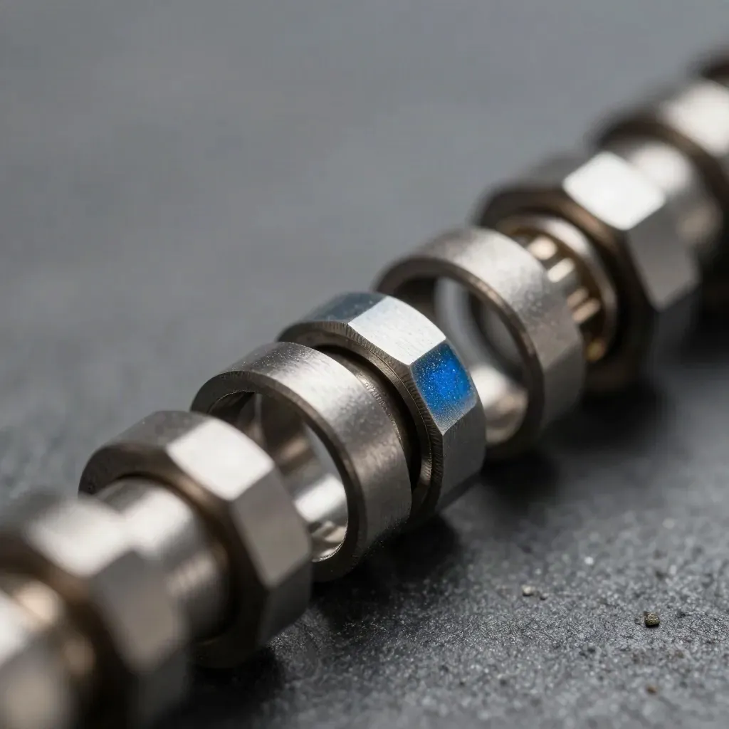 Macro of interlocking metal rings and cable couplers on graphite stone with a subtle blue accent.