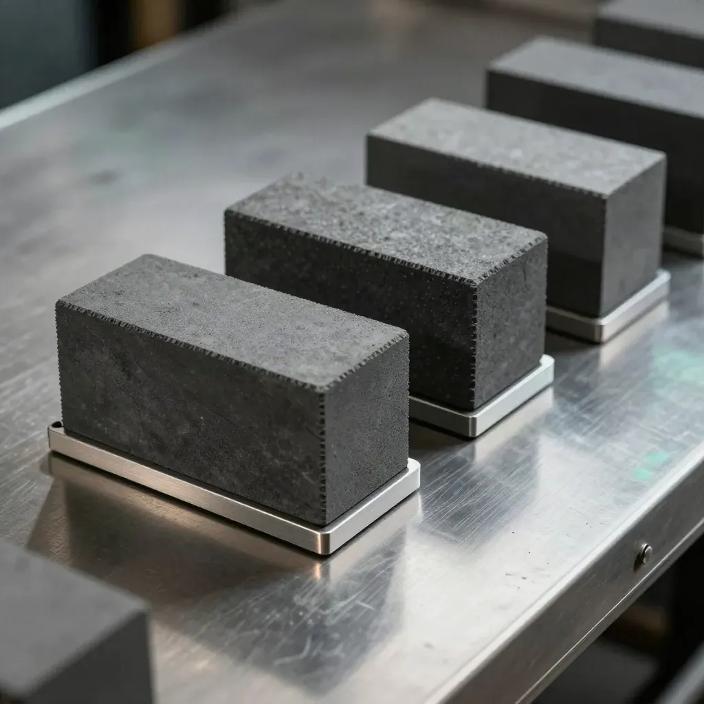 Graphite modular blocks and metal link plates stepping across brushed steel with a faint cyan glint.