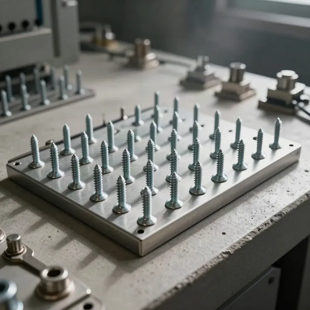Hex standoffs, precision screws, and a brushed-metal bracket on pale concrete under dramatic studio light.