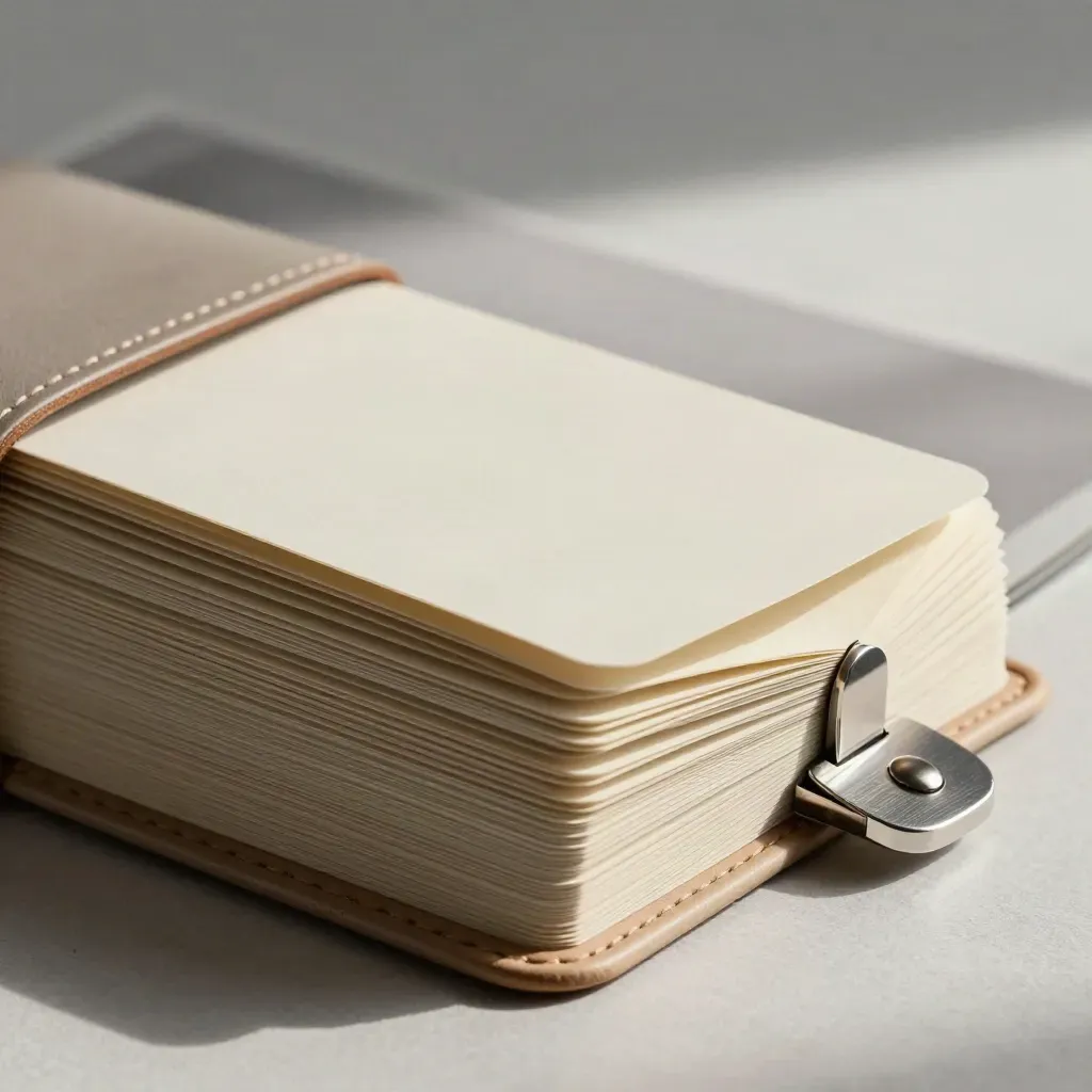 Blank archival cards, silver page weights, and a leather wrapper on pale wood.