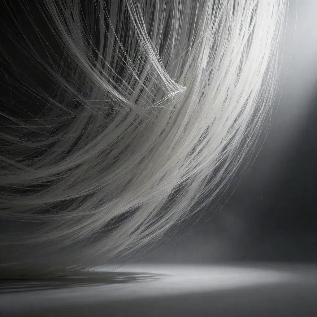 Silver filaments converge into a soft white bloom in dark graphite haze, with drifting motes.